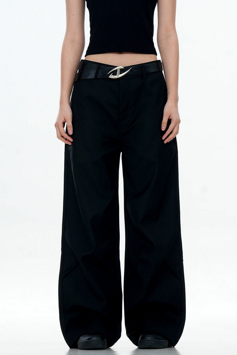 Black Draped Straight-Leg Trousers