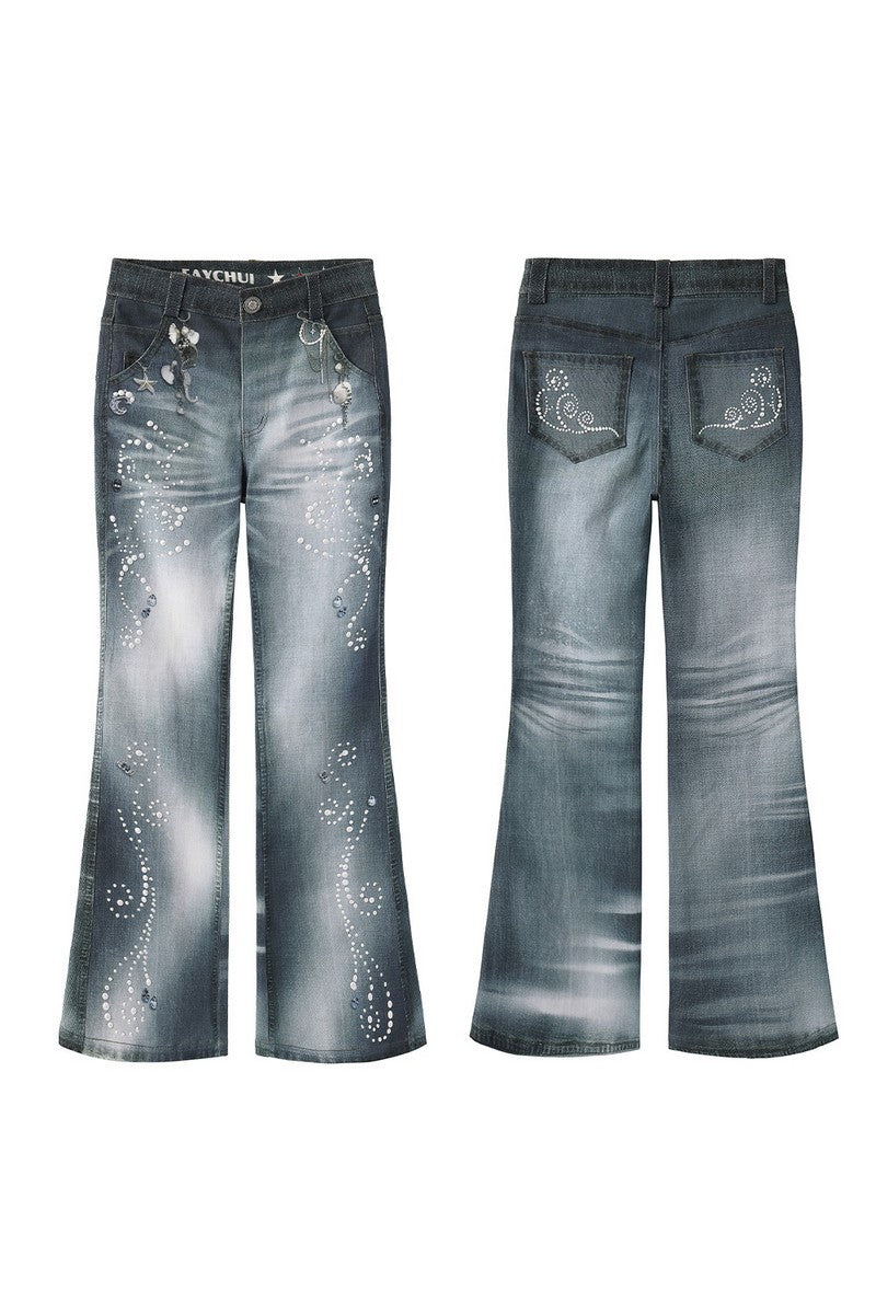 Pearl Ocean Print Flared Jeans