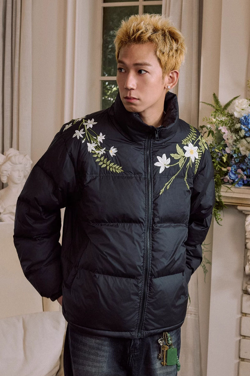 White Floral Wreath Embroidered Puffer - Harsh and Cruel – Copping