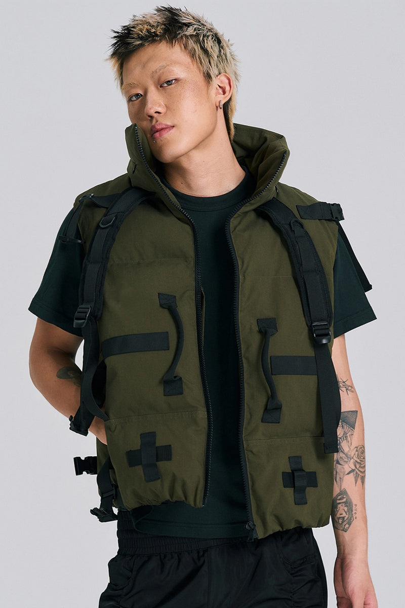 Puffer Vest with Drawstring at Hem in Army Green main image 1