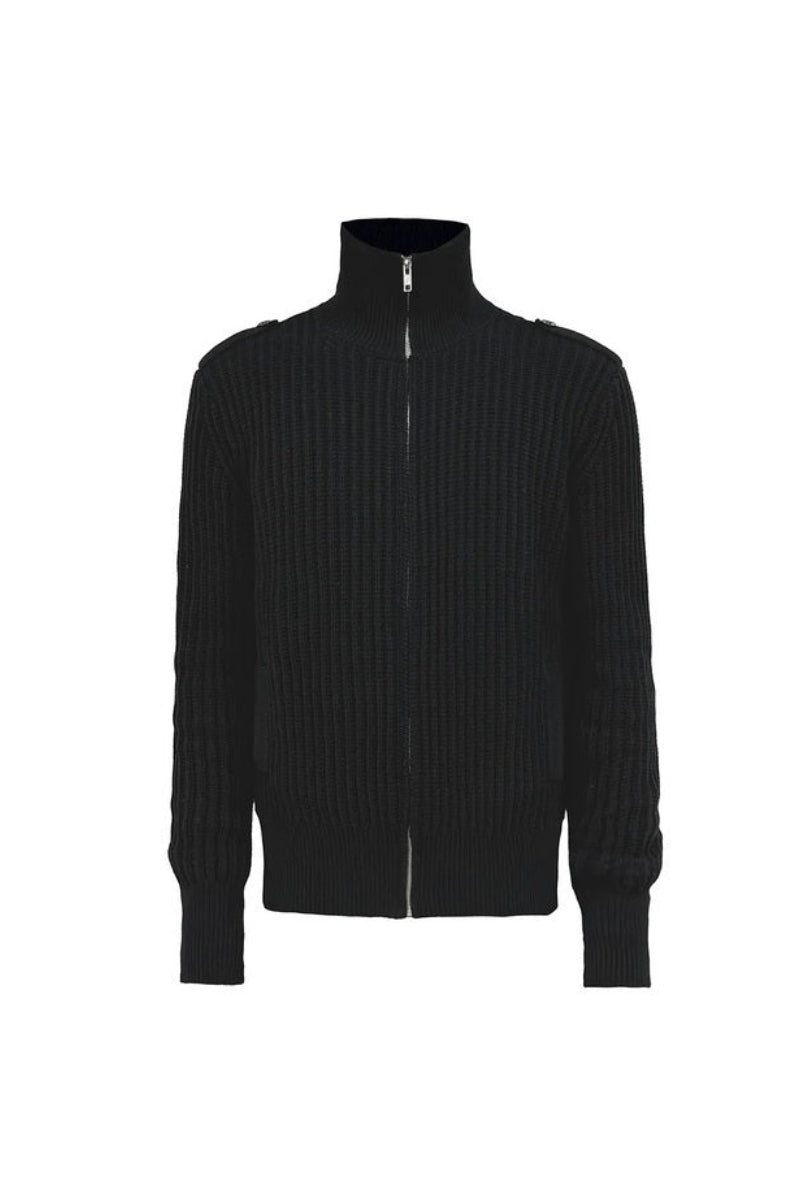 Epaulet Ribbed Knit Zip Cardigan
