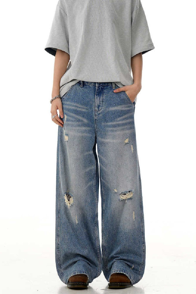 Distressed Whiskered Straight Jeans