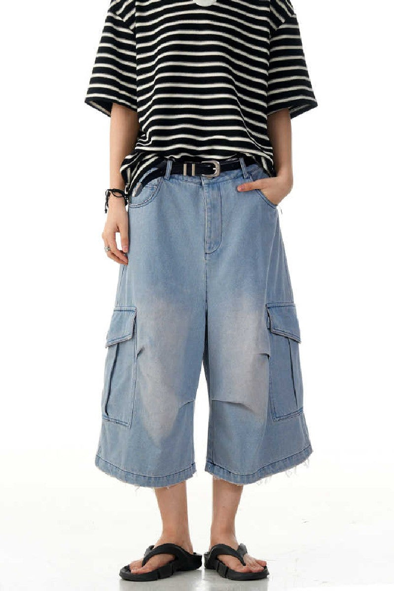 Wrinkled Blue Cargo Jorts