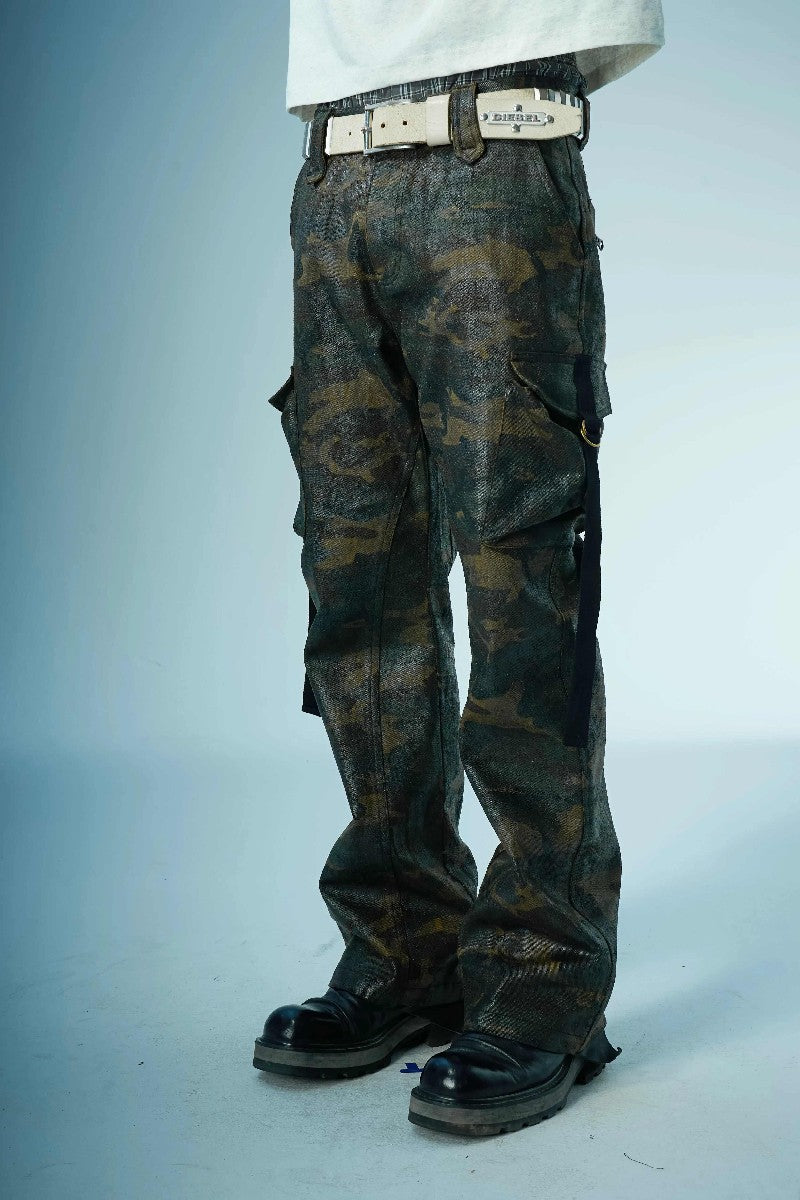Waxed Camo Flared Cargo Pants