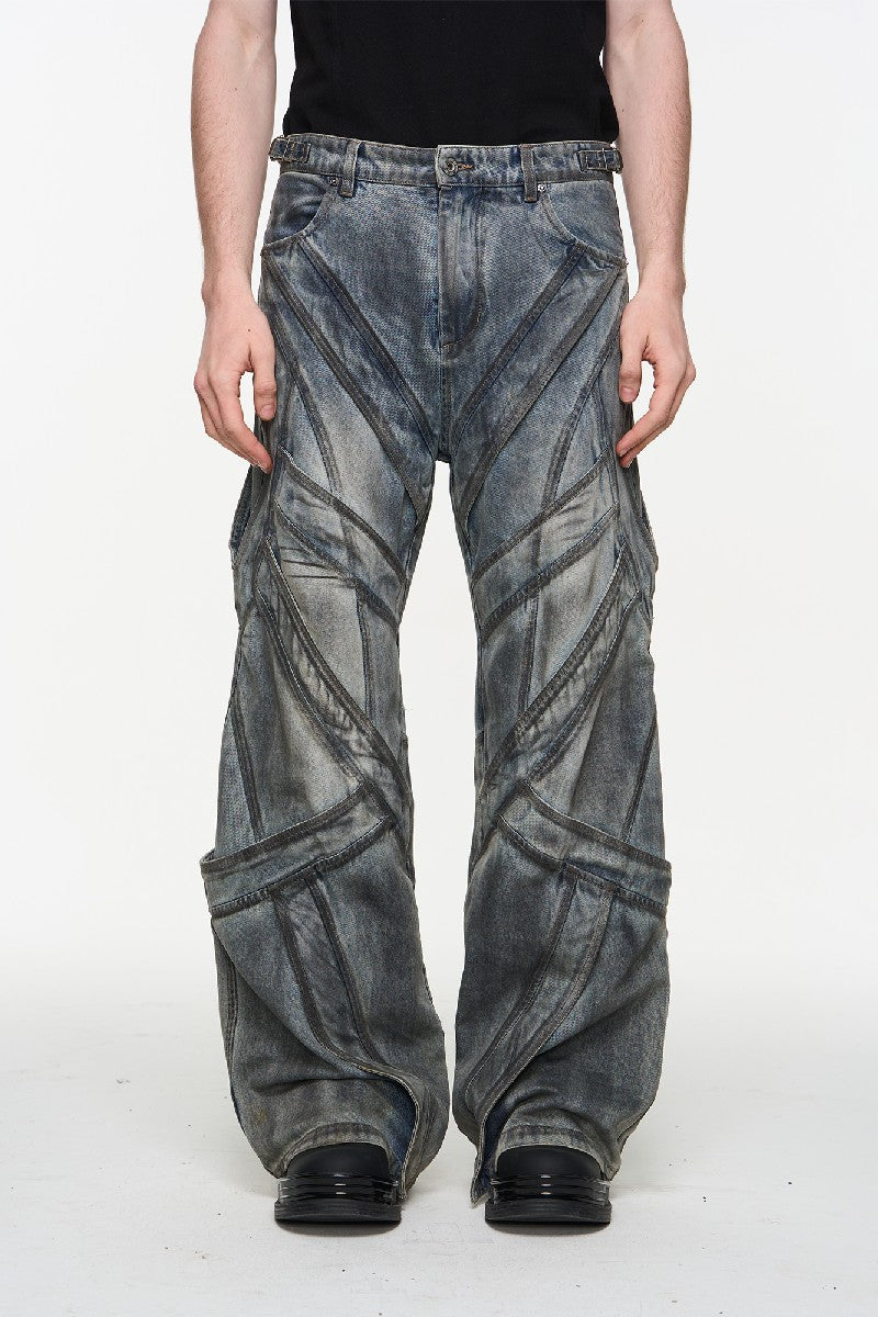 Paneled Washed Distressed Loose Jeans