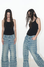 Distressed Plaid Patchwork Flared Jeans