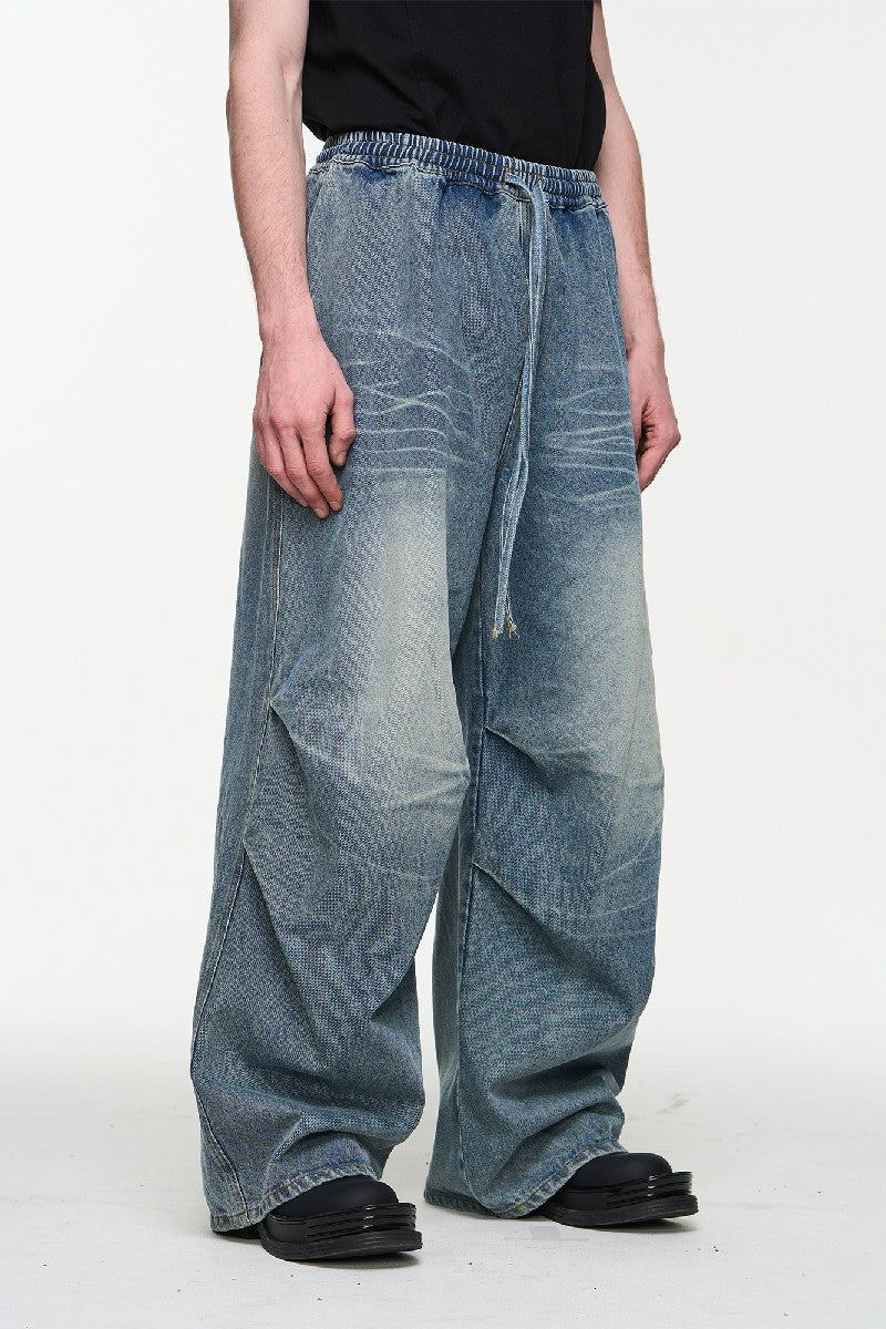 Washed Pleated Elastic Waist Jeans