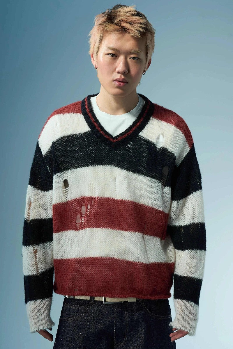 Striped Distressed V-Neck Sweater