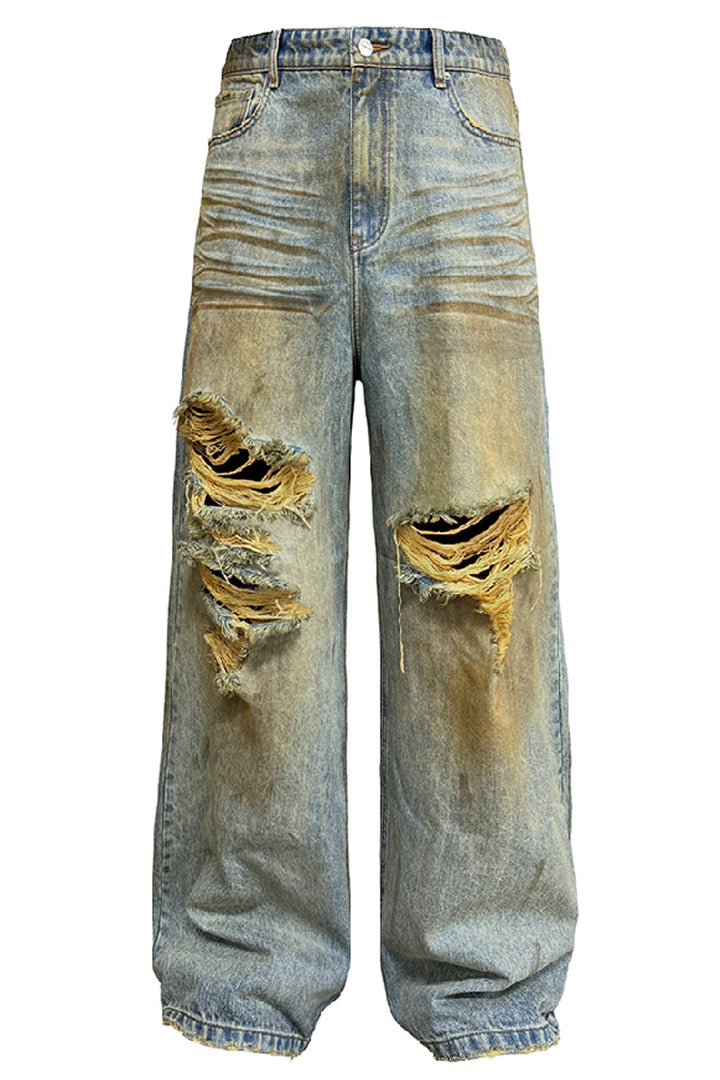 Mud-Dyed Distressed Washed Jeans