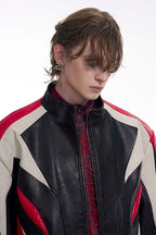 Cropped Stand Collar Patchwork Leather Jacket