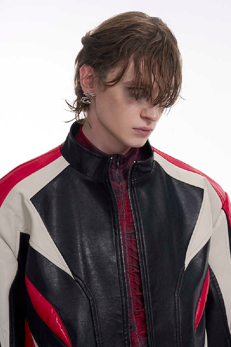 Cropped Stand Collar Patchwork Leather Jacket
