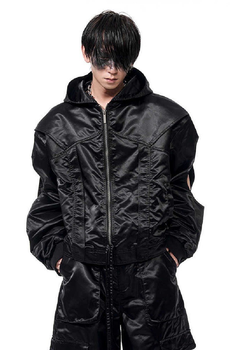 Cropped Hooded Ruched Sleeve Bomber Jacket