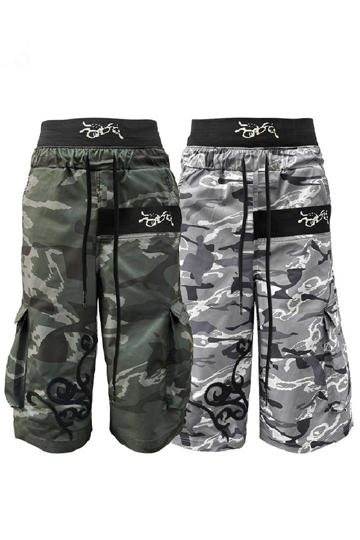 Glitch Skull Double-Waist Camo Shorts