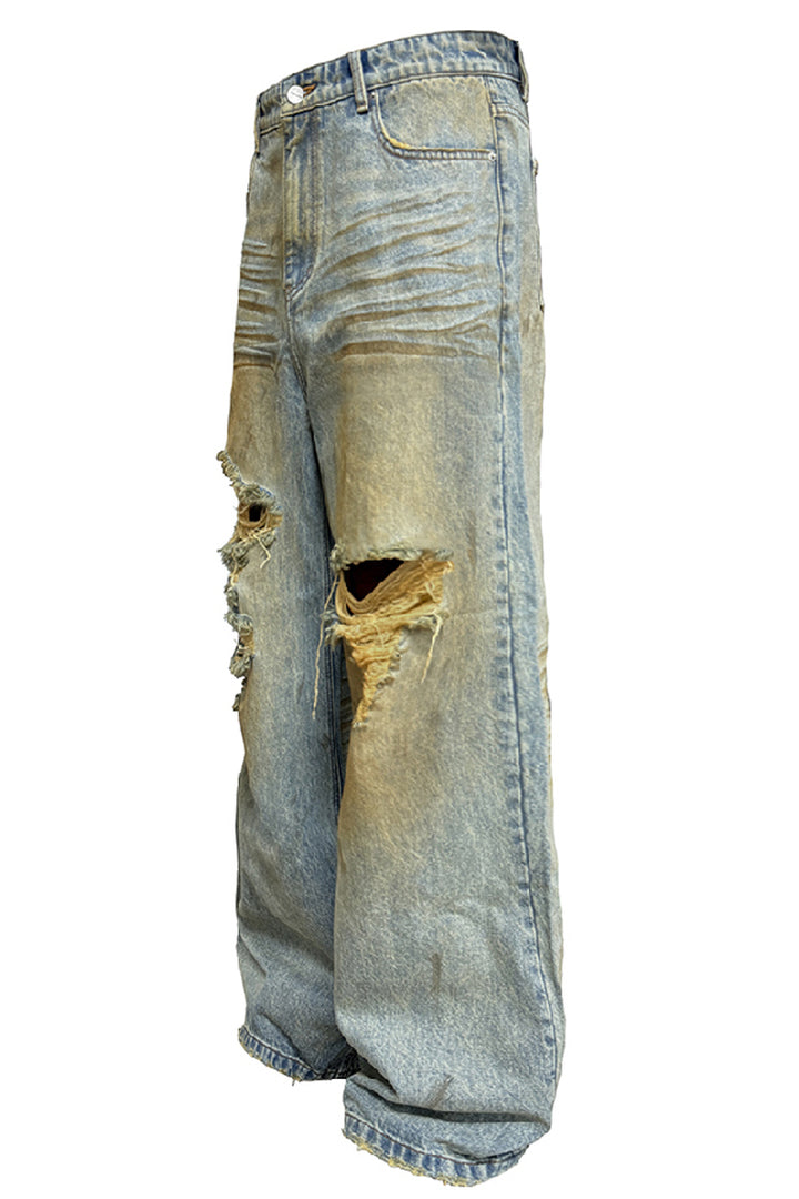 Mud-Dyed Distressed Washed Jeans