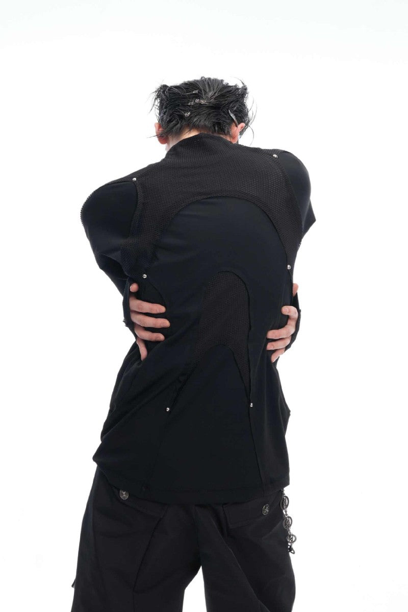 Deconstructed Mesh Panel Studded Turtleneck Tee