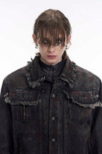 Heavyweight Distressed Frayed Patchwork Denim Jacket
