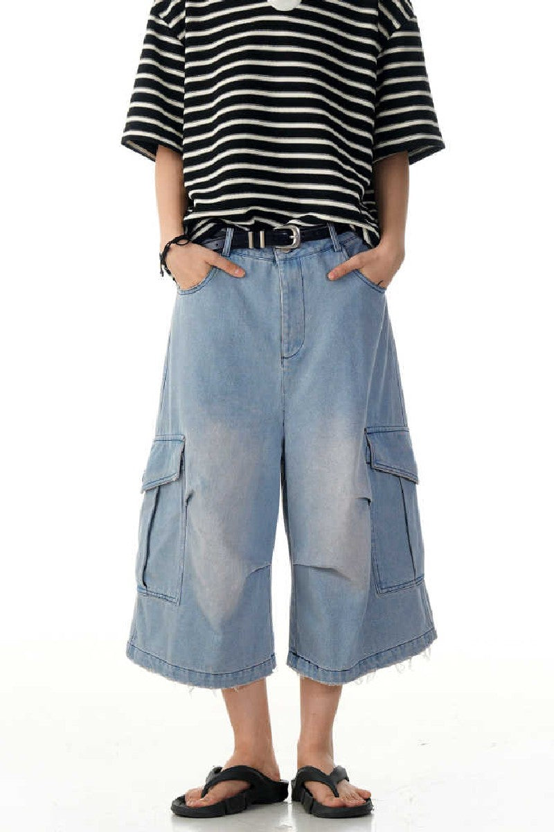 Wrinkled Blue Cargo Jorts