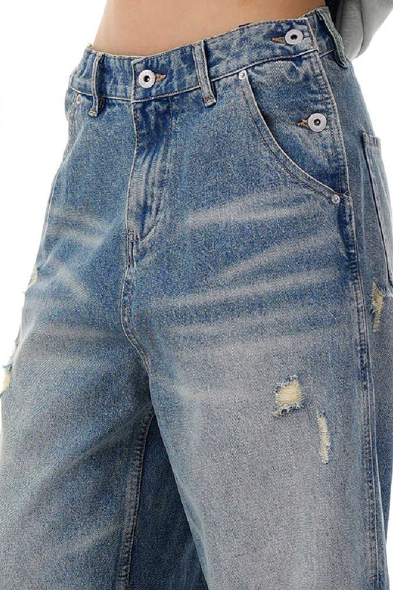 Distressed Whiskered Straight Jeans