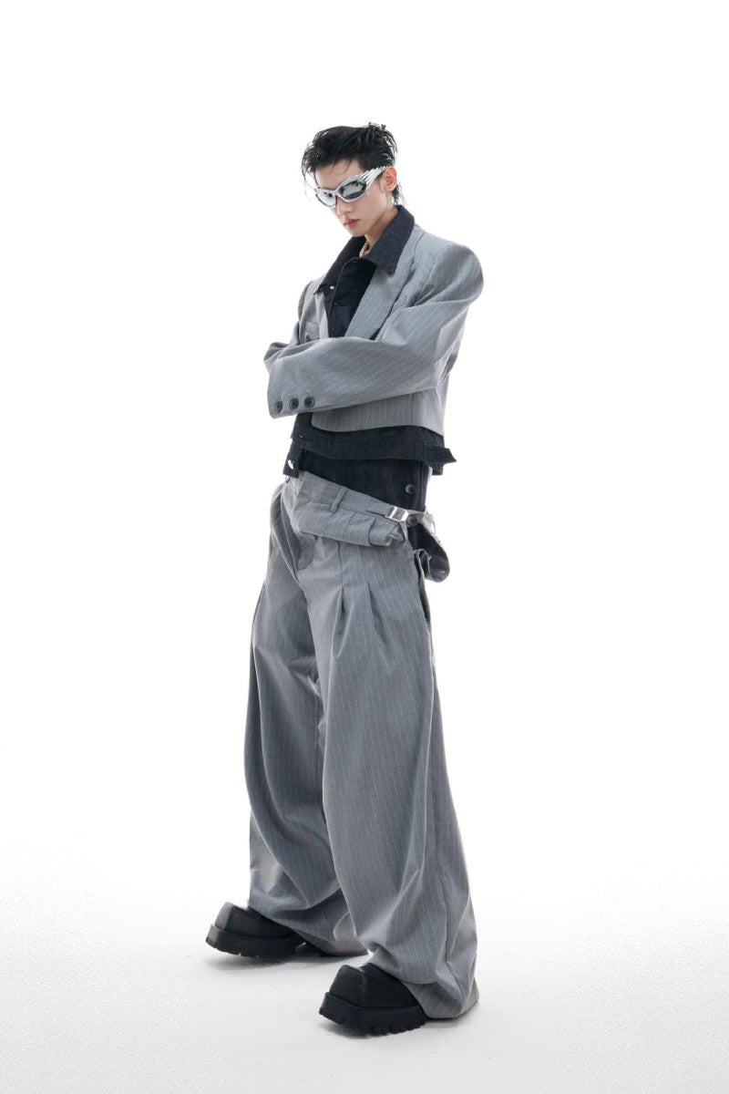Striped Denim Panel Suit Jacket