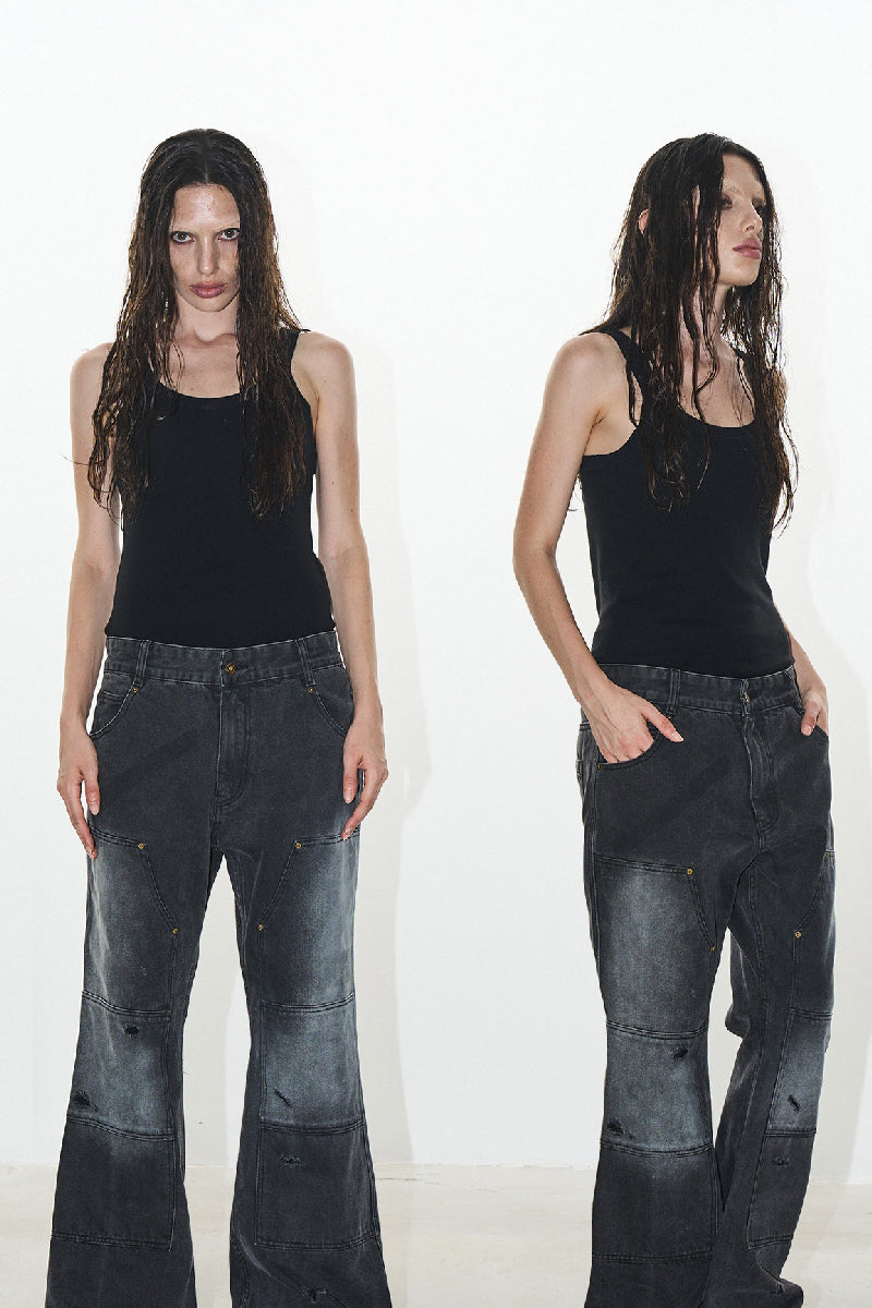 Washed Distressed Flared Jeans