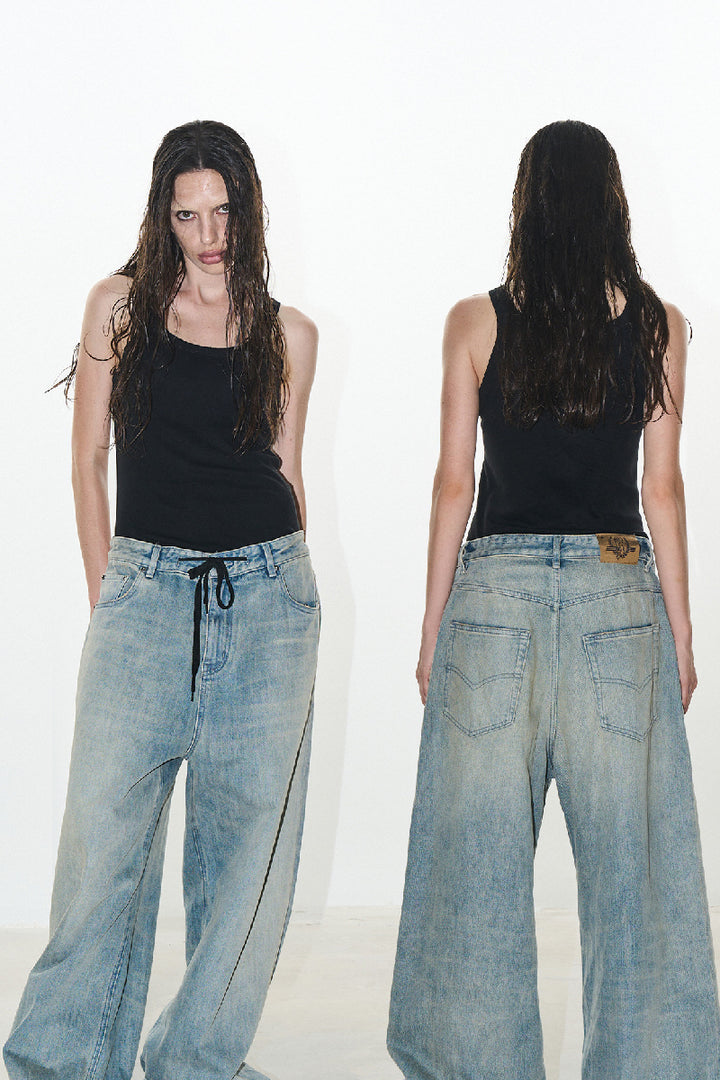 Baggy Drawstring Washed Jeans