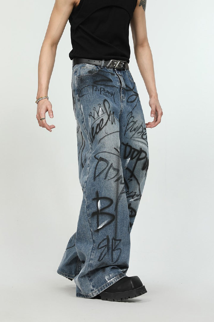 Graffiti Print Loose Jeans