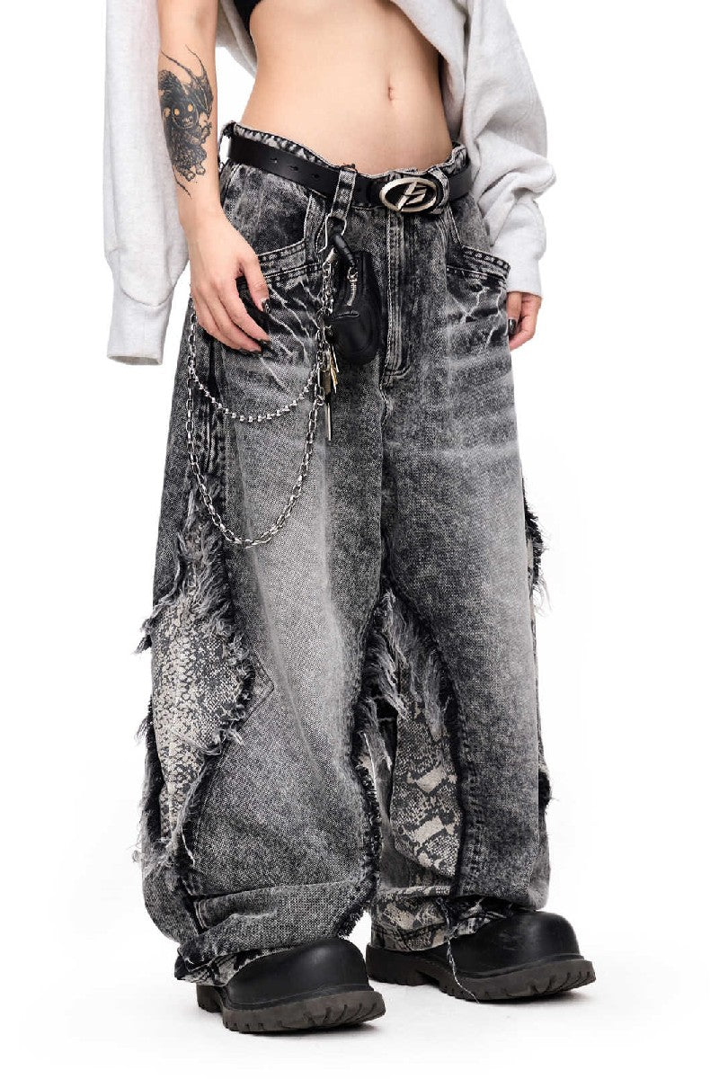 Frayed Snakeskin Patchwork Jeans