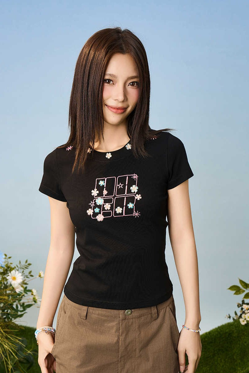 Floral Embroidered Logo Slim Tee