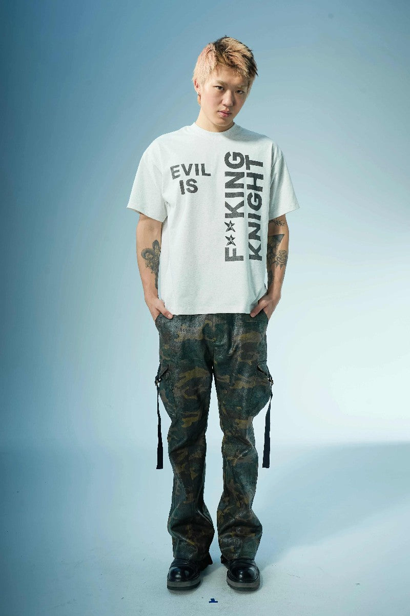 Waxed Camo Flared Cargo Pants