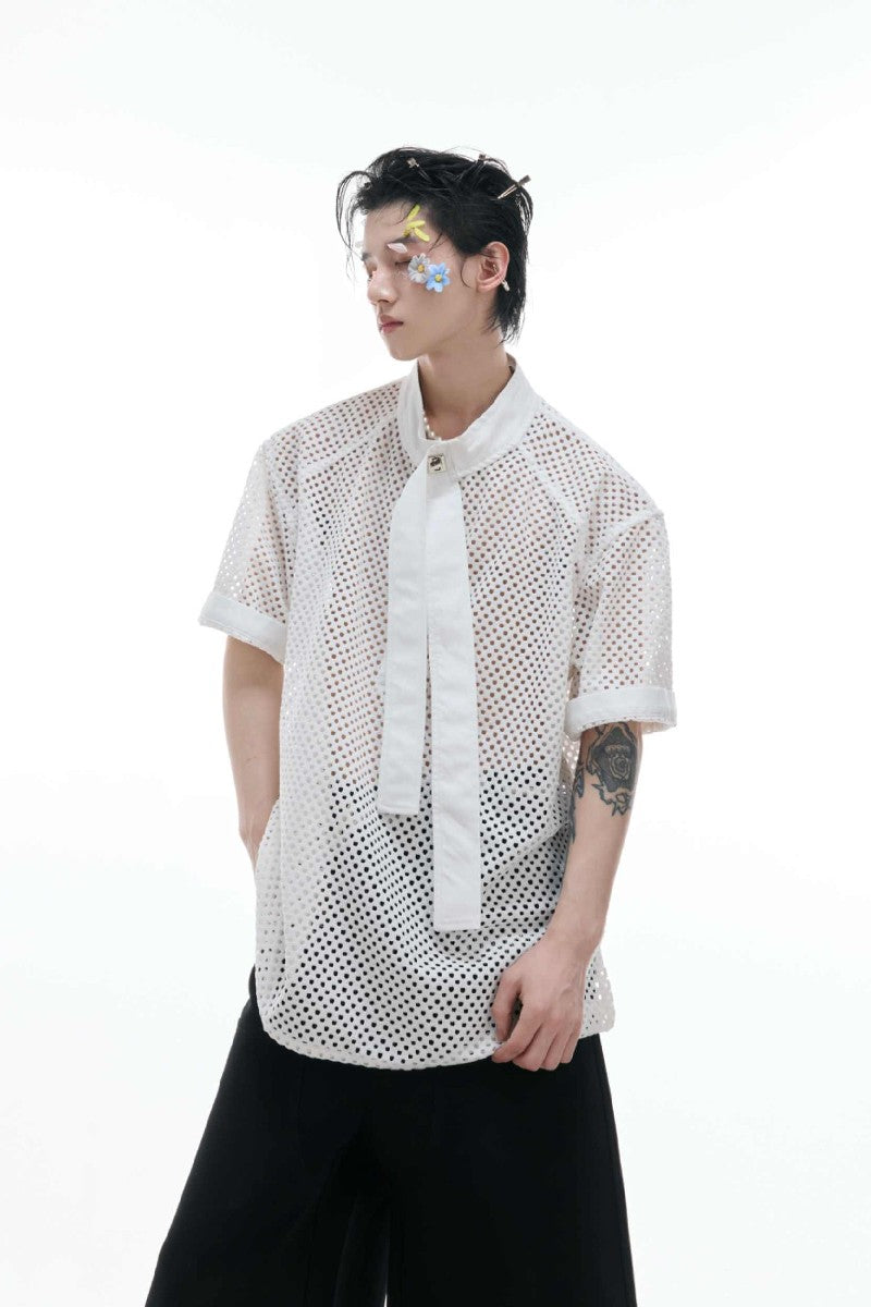 Knit Tie Detail Mesh Tee