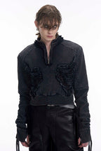Ribbed Distressed Cropped Zip Hoodie