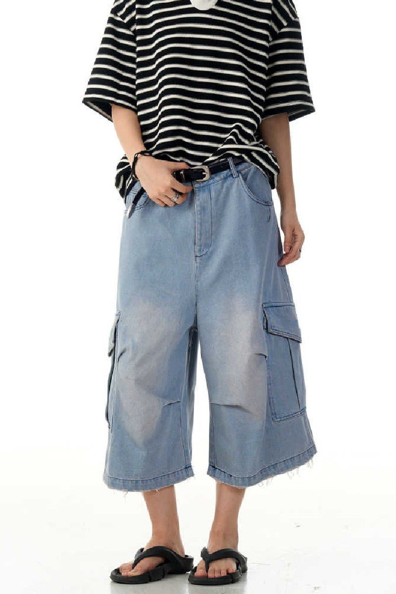 Wrinkled Blue Cargo Jorts