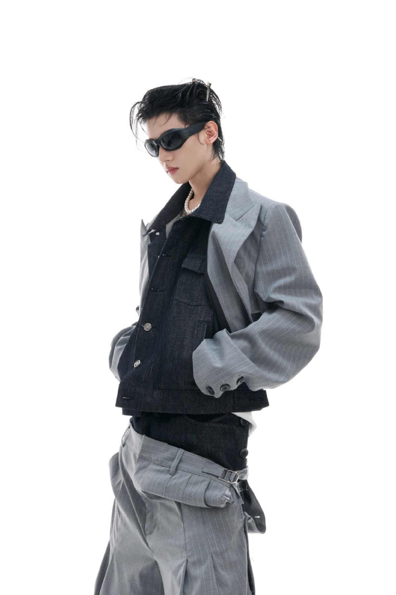 Striped Denim Panel Suit Jacket
