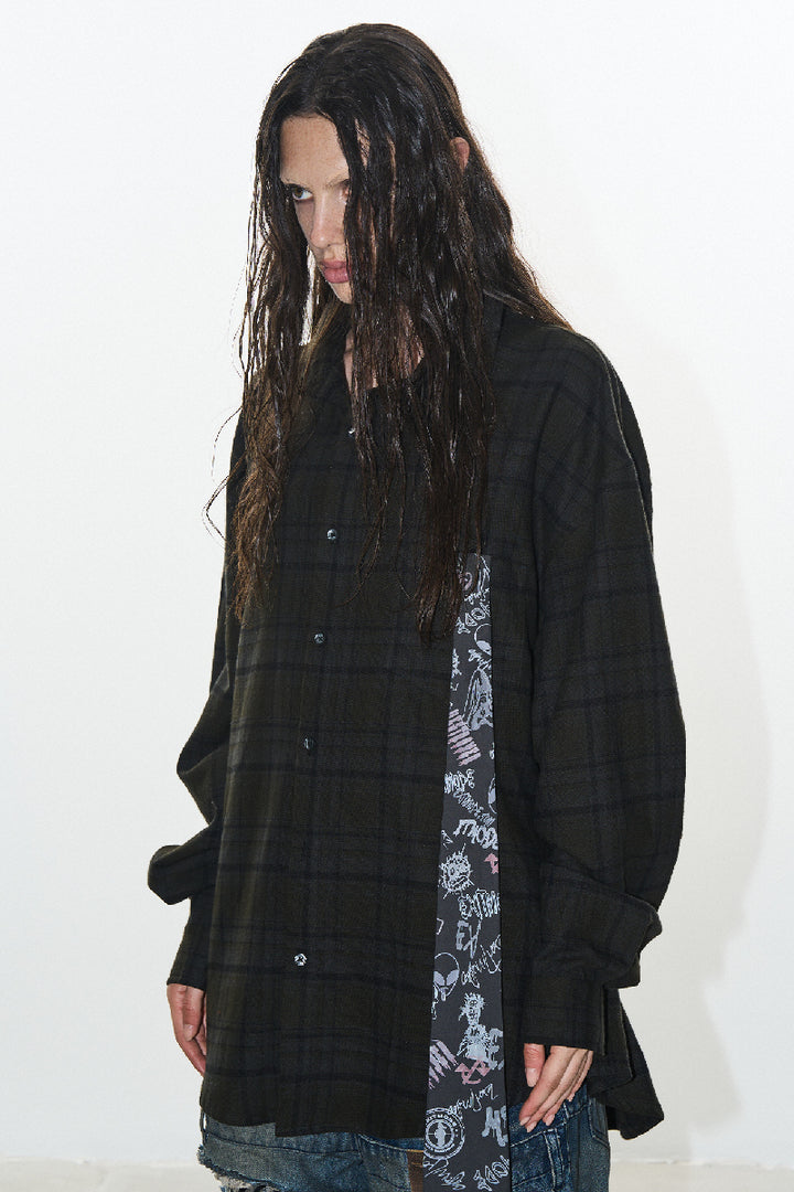 Detachable Graffiti Tie Plaid Shirt