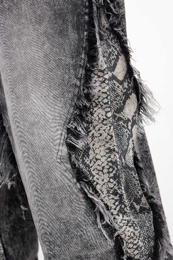 Frayed Snakeskin Patchwork Jeans