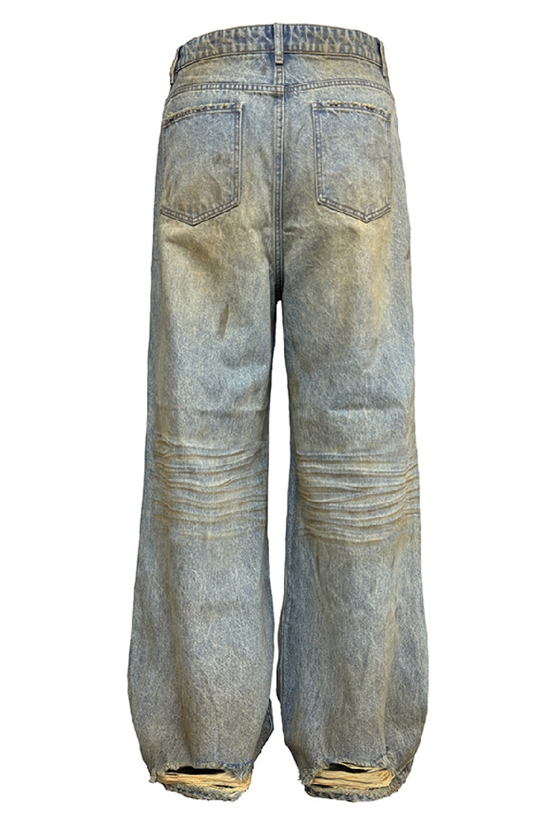 Mud-Dyed Distressed Washed Jeans