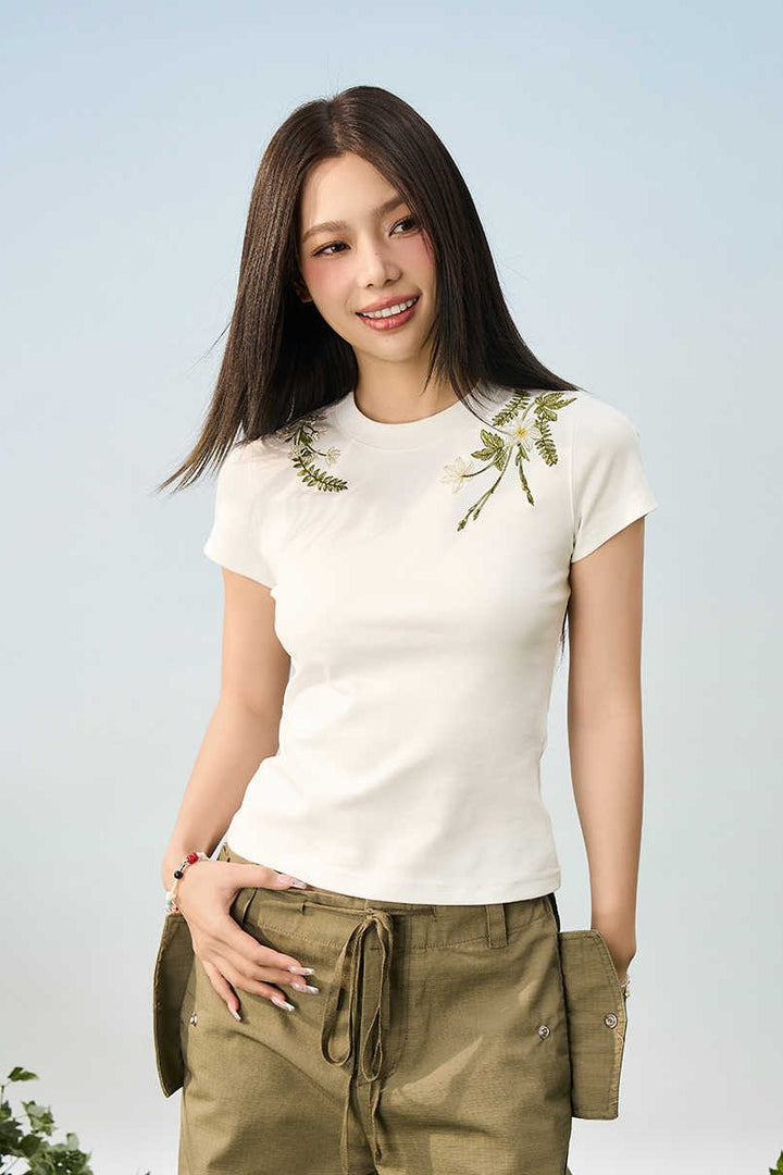 Floral Embroidered Slim Tee