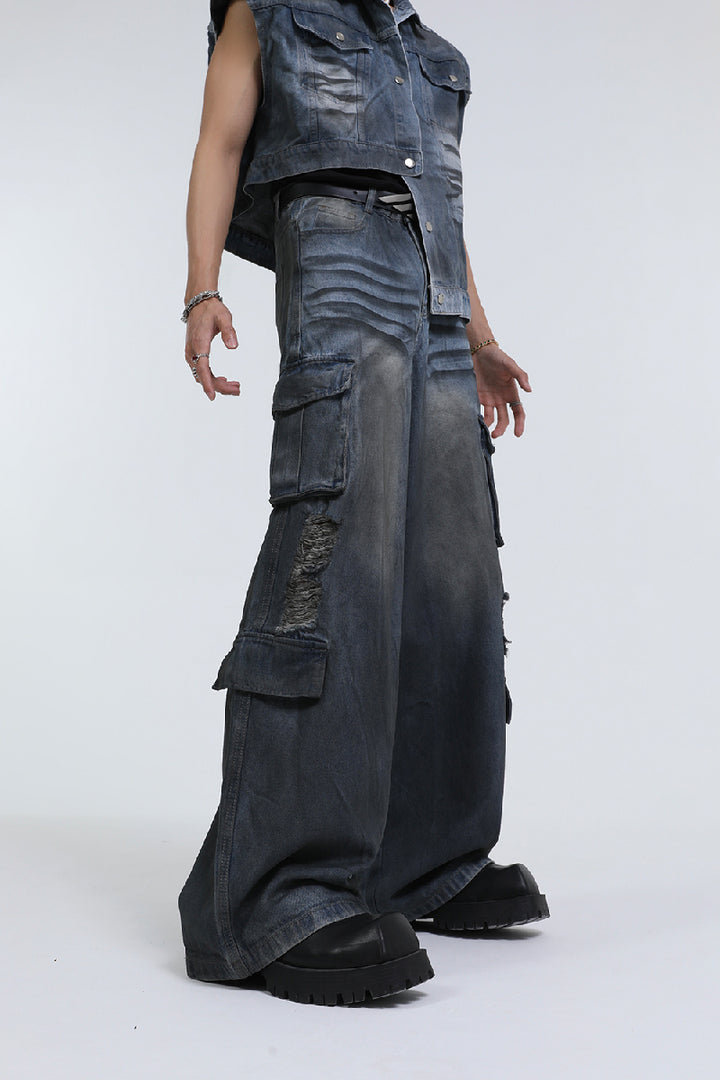 Distressed Multi-Pocket Cargo Jeans