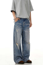Distressed Whiskered Straight Jeans