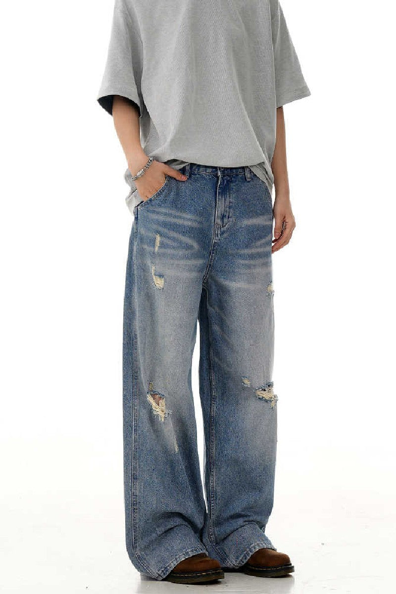 Distressed Whiskered Straight Jeans