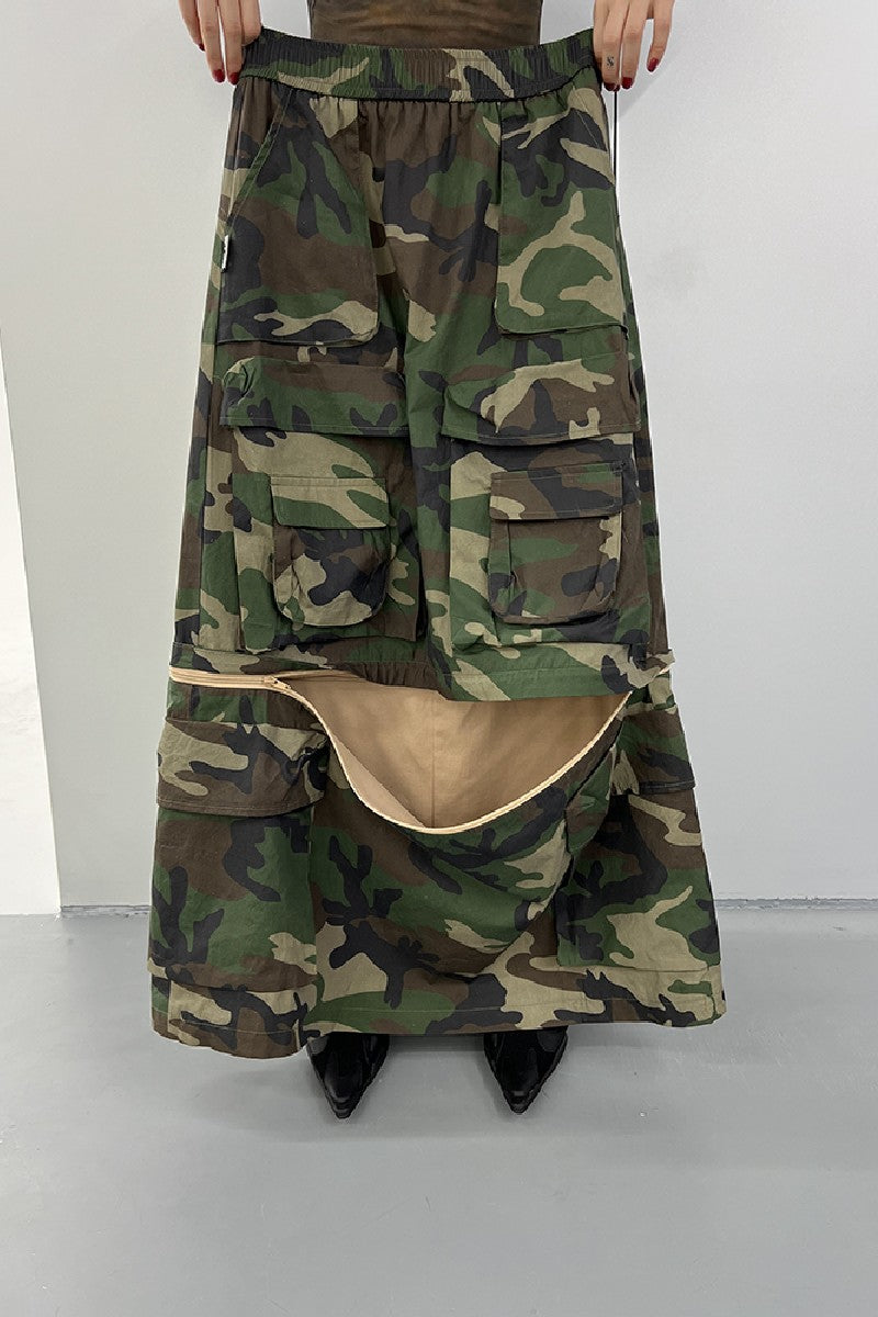 Distressed Camouflage Midi Skirt