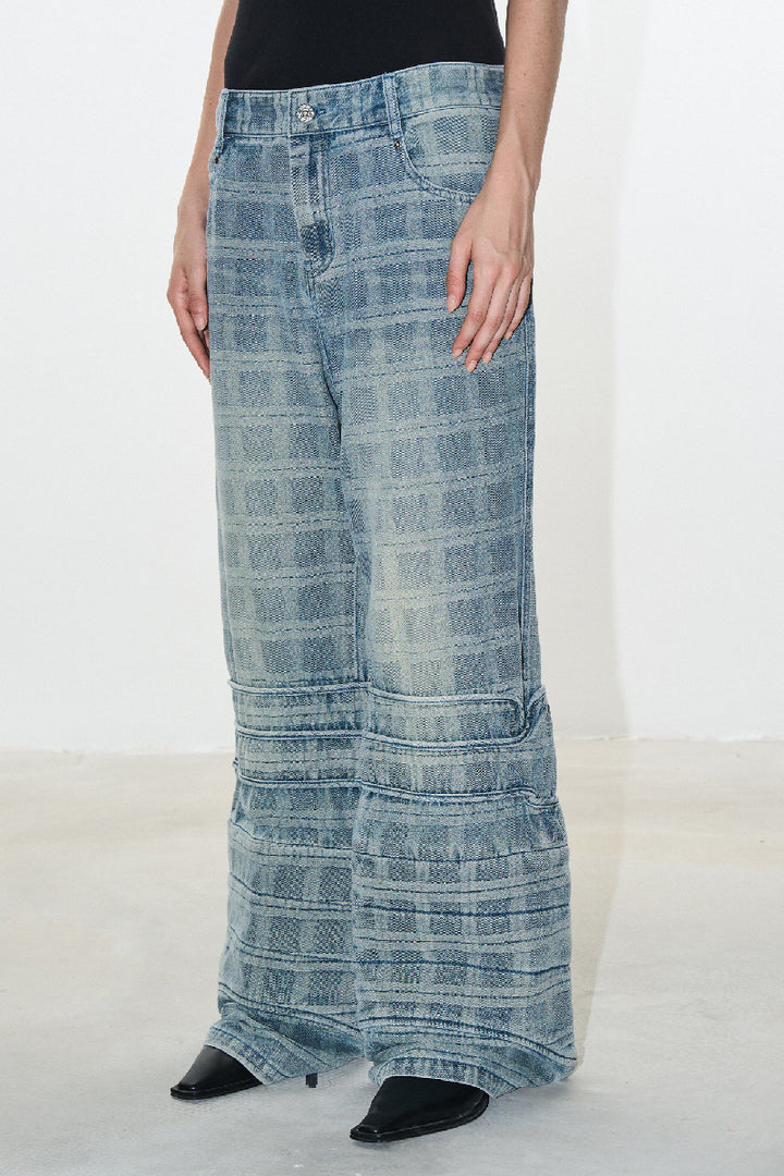 Distressed Plaid Patchwork Flared Jeans