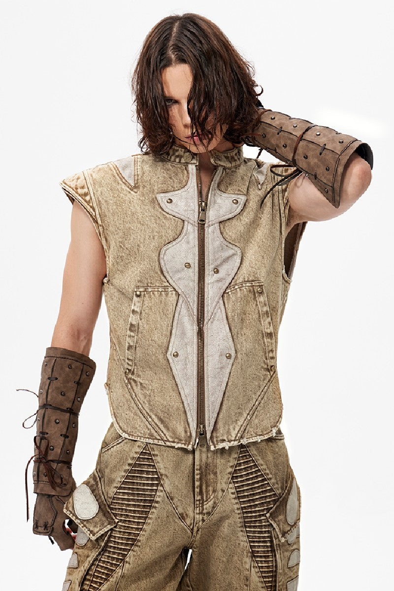Leather Patch Denim Vest