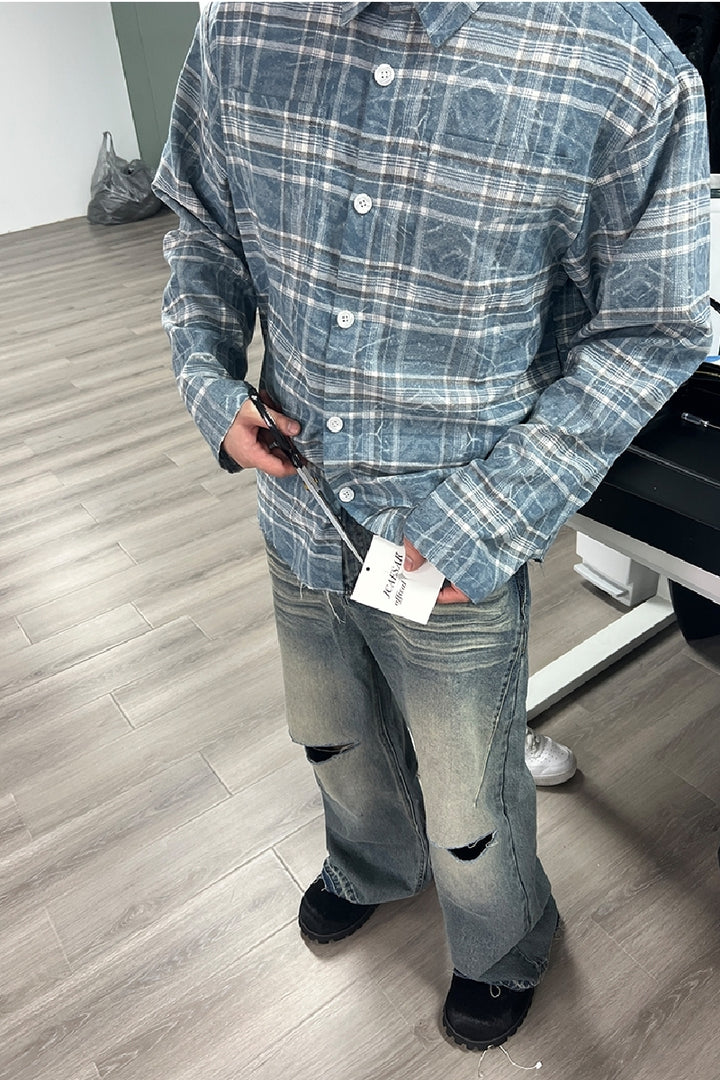 Washed Plaid Distressed Long Sleeve Shirt