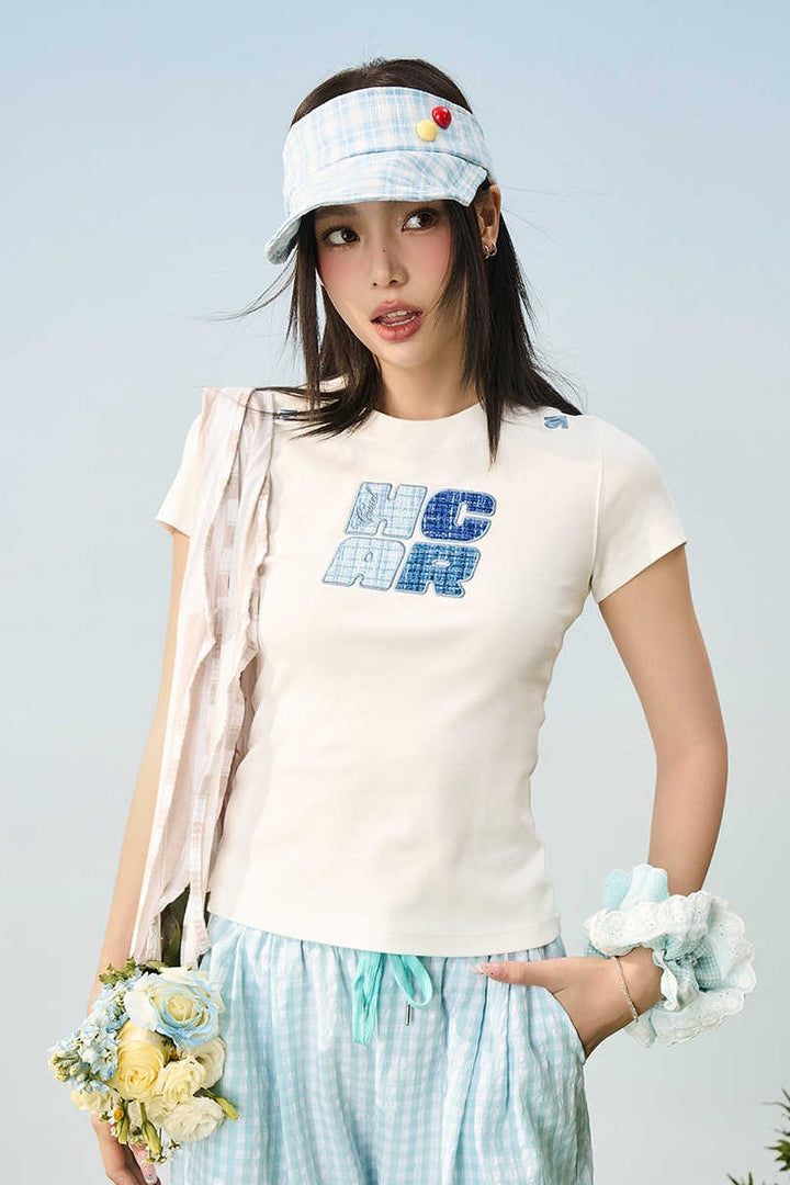 Plaid Patch Slim Crop Tee