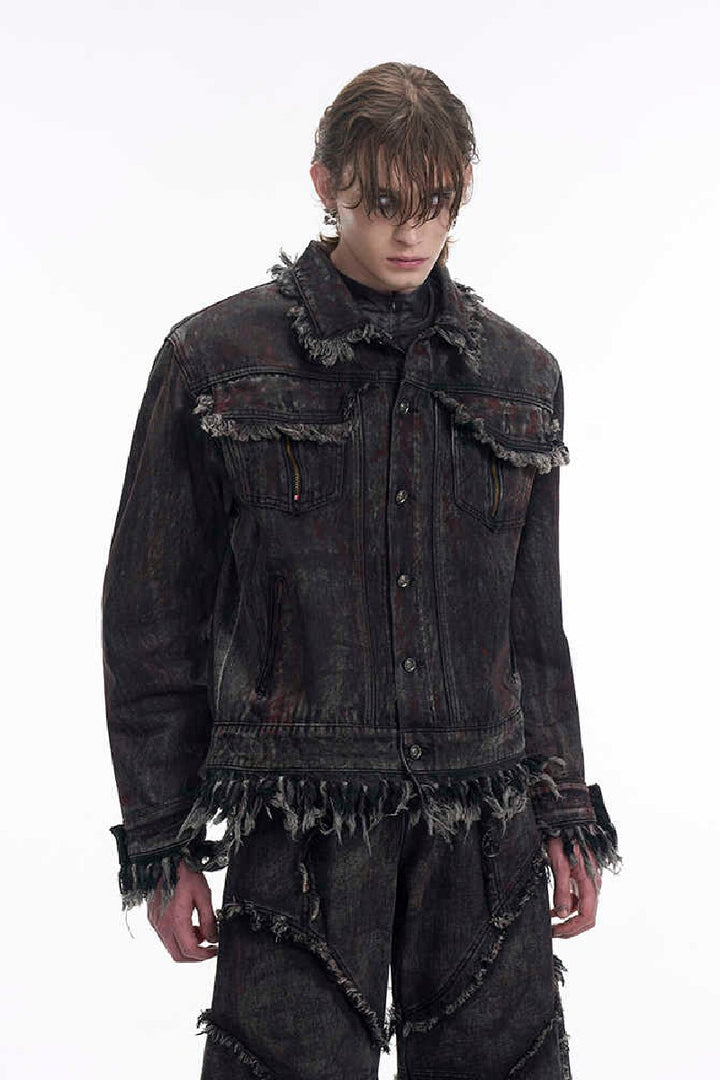 Heavyweight Distressed Frayed Patchwork Denim Jacket
