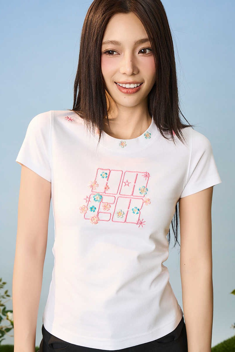 Floral Embroidered Logo Slim Tee