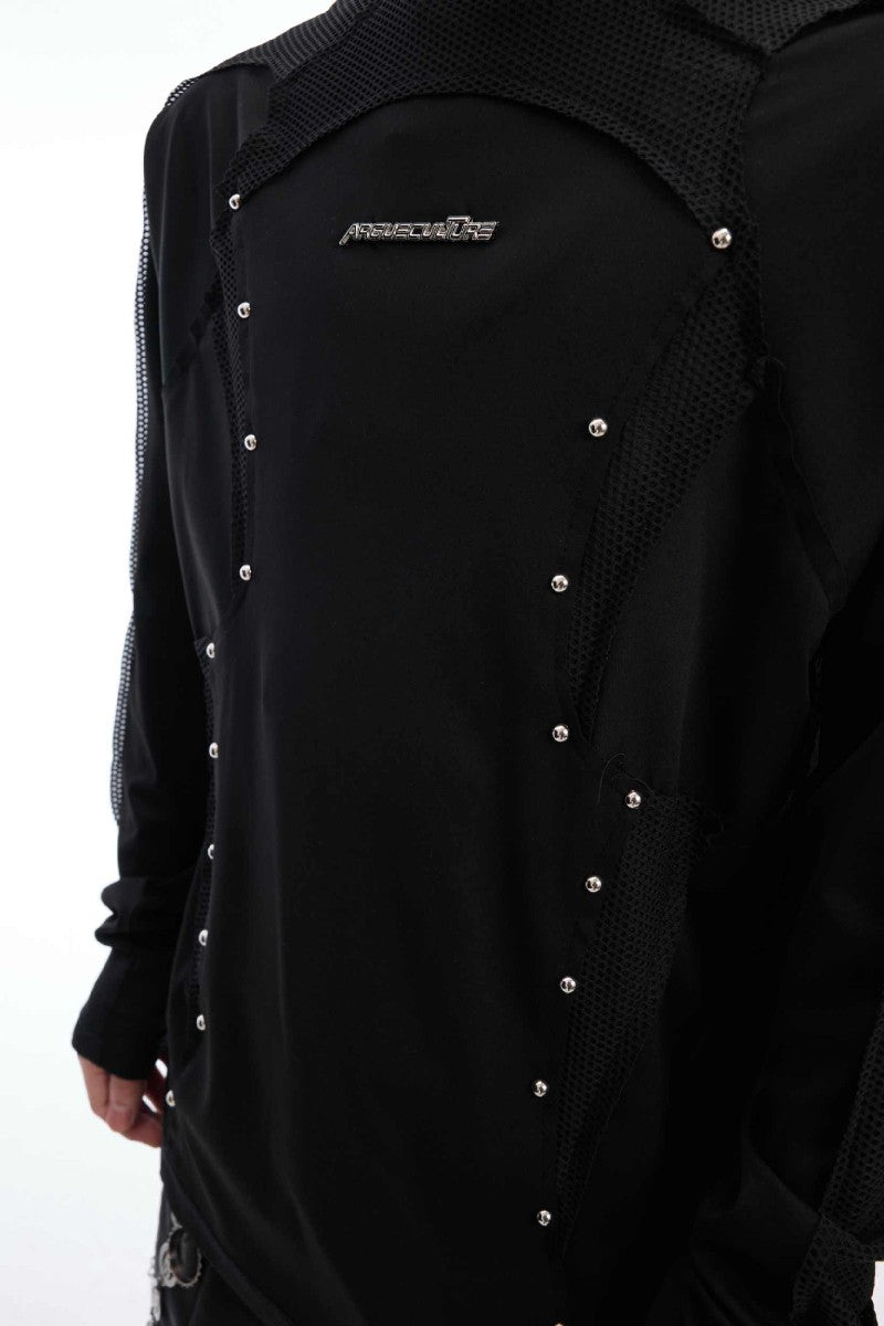 Deconstructed Mesh Panel Studded Turtleneck Tee