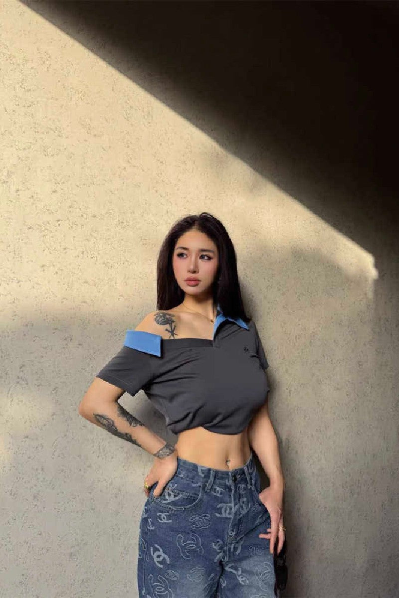 Asym Shoulder Embroidered Polo