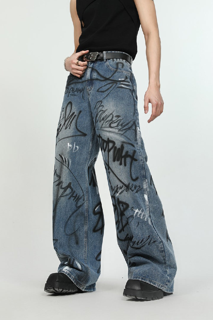 Graffiti Print Loose Jeans
